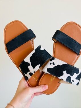 Cow Print Slide Sandals with Black Straps